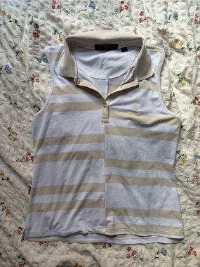 G/FORE White and Beige Striped Sleeveless Polo Top